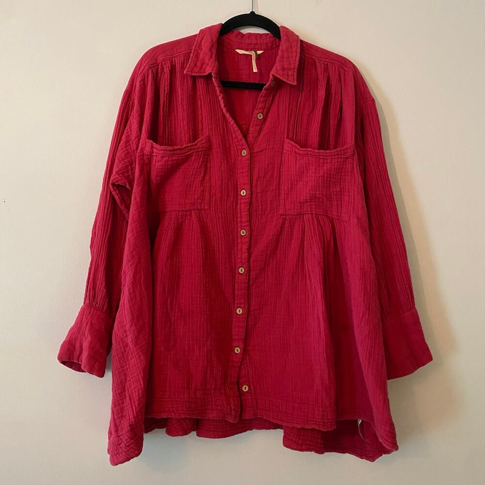 Free People Hot Pink Oversize Boho Button Down Shirt Loungewear Minimalist Small